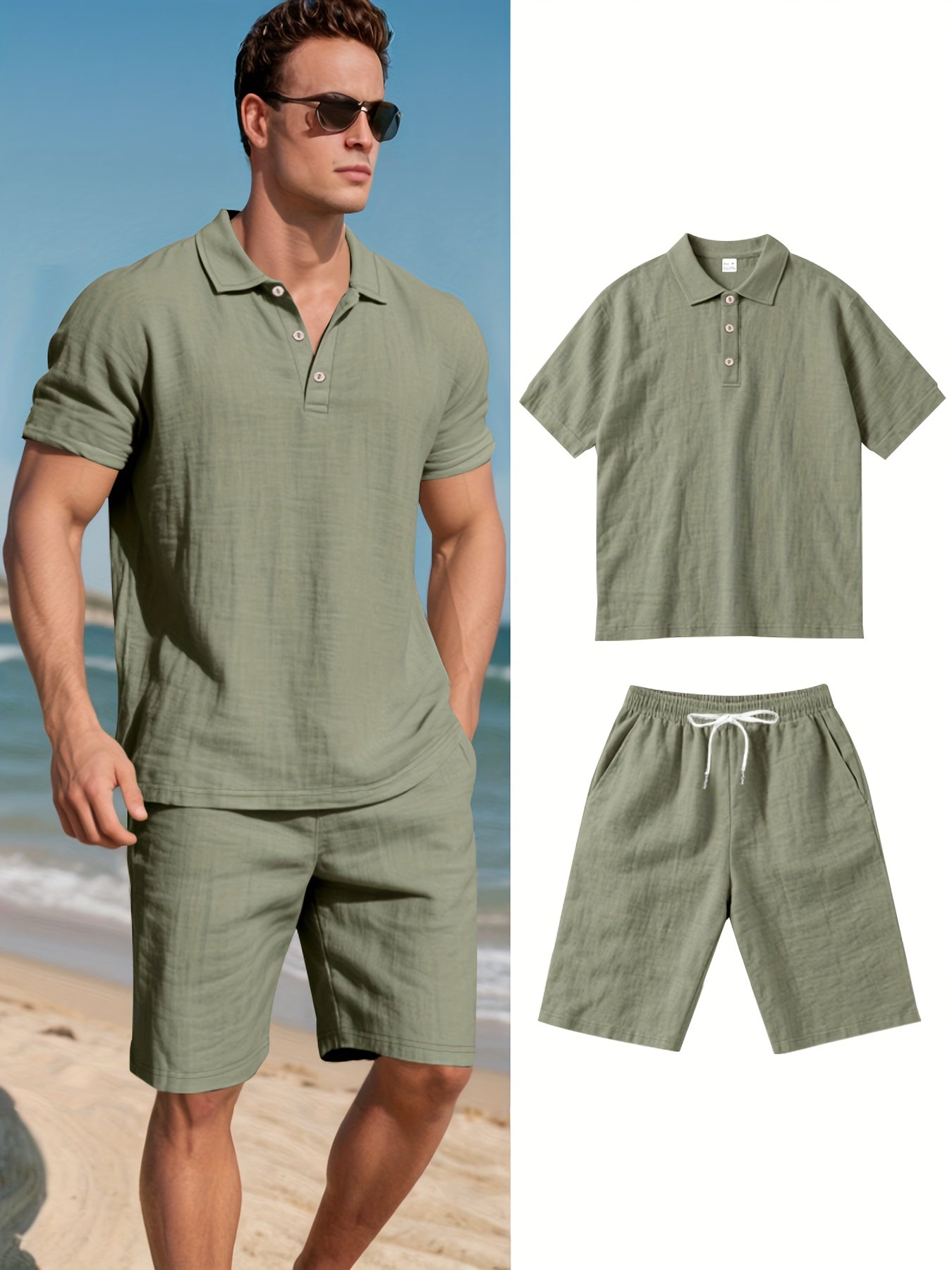 LinoVero Herren Set – Leinen Poloshirt mit Shorts für den Sommer