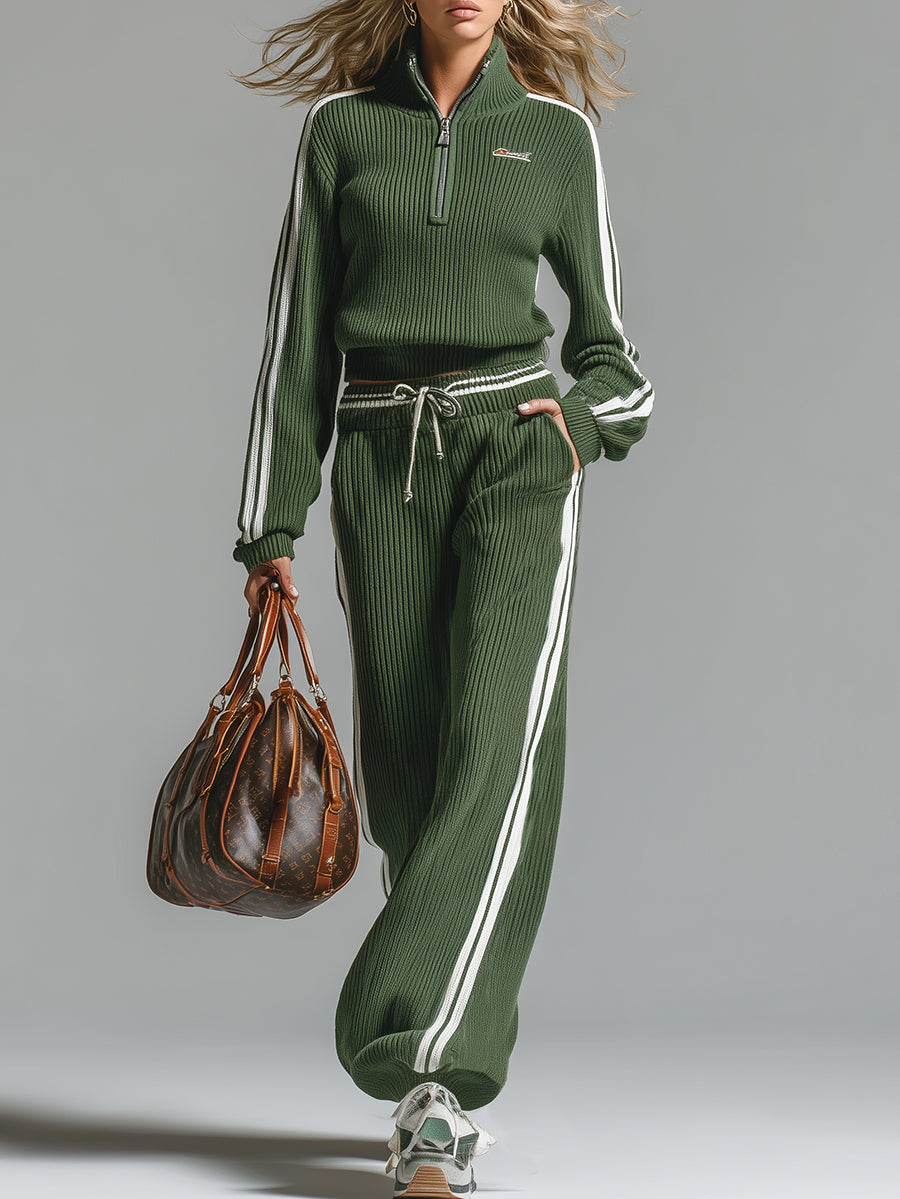 Veloria Damen Strickset mit Halbzip und Weiter Hose Freizeitanzug