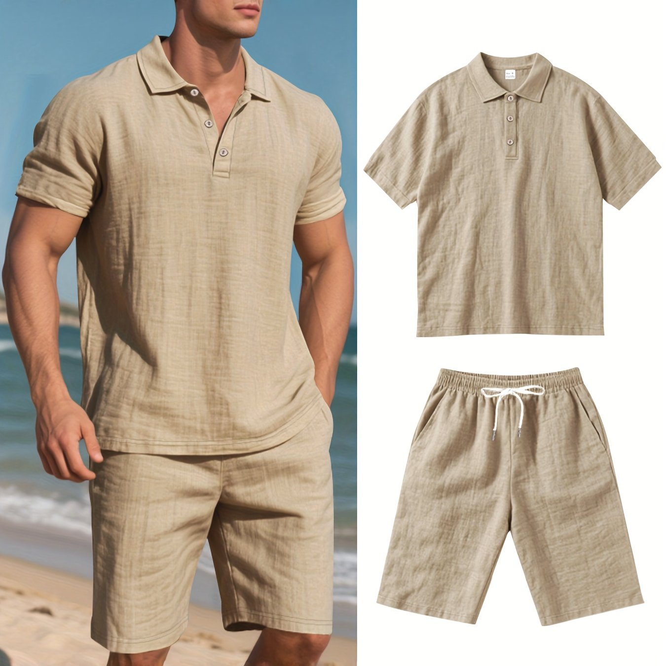 LinoVero Herren Set – Leinen Poloshirt mit Shorts für den Sommer