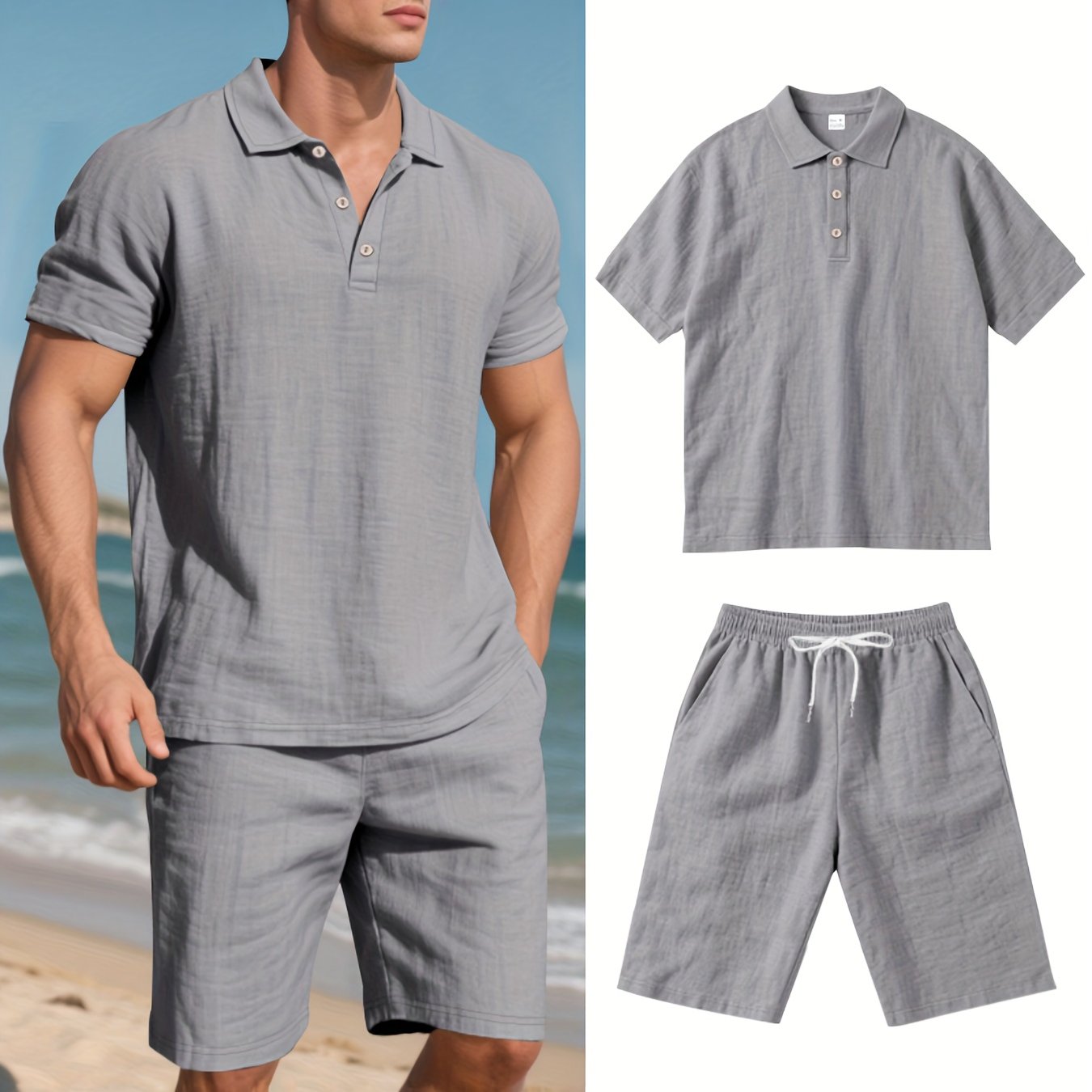 LinoVero Herren Set – Leinen Poloshirt mit Shorts für den Sommer