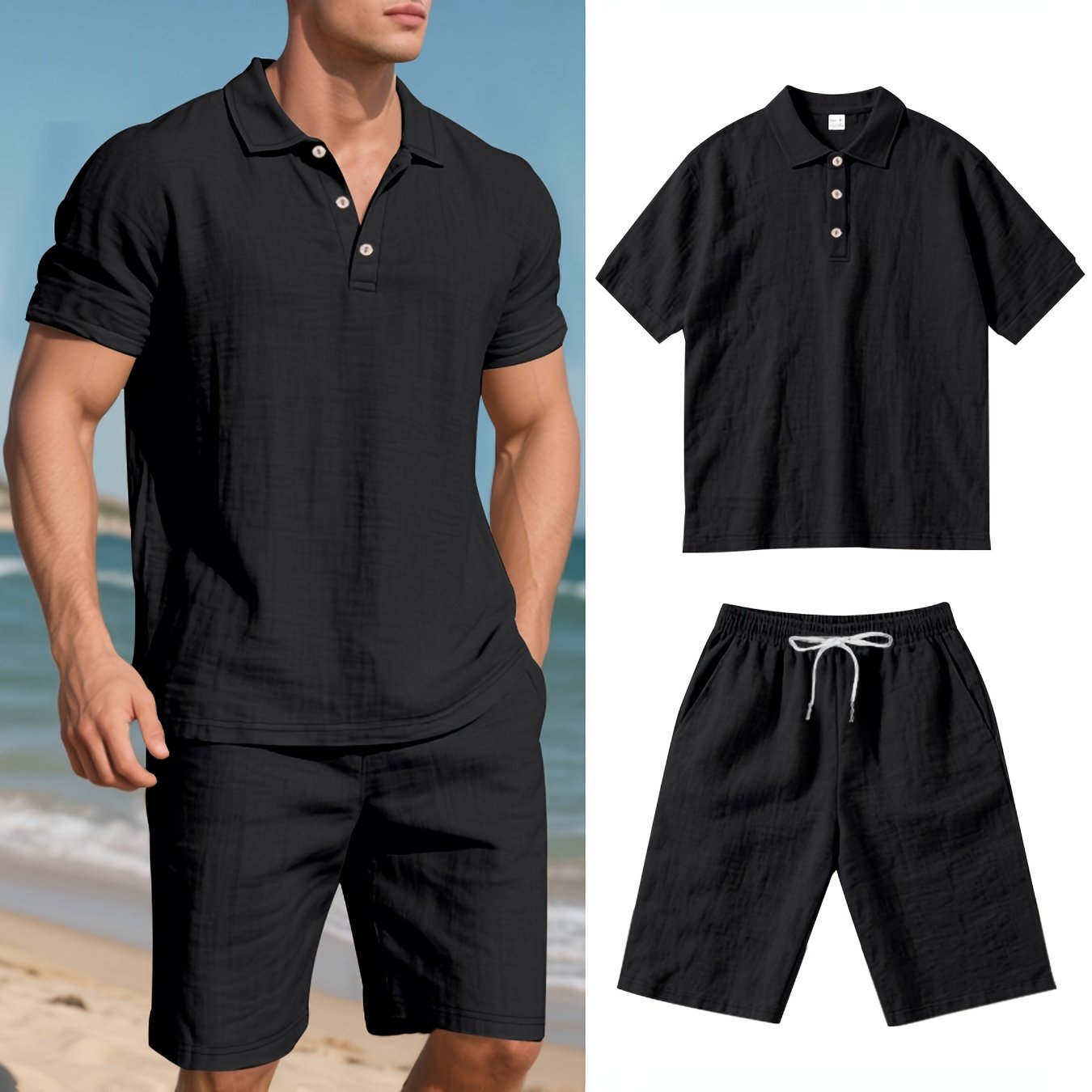 LinoVero Herren Set – Leinen Poloshirt mit Shorts für den Sommer