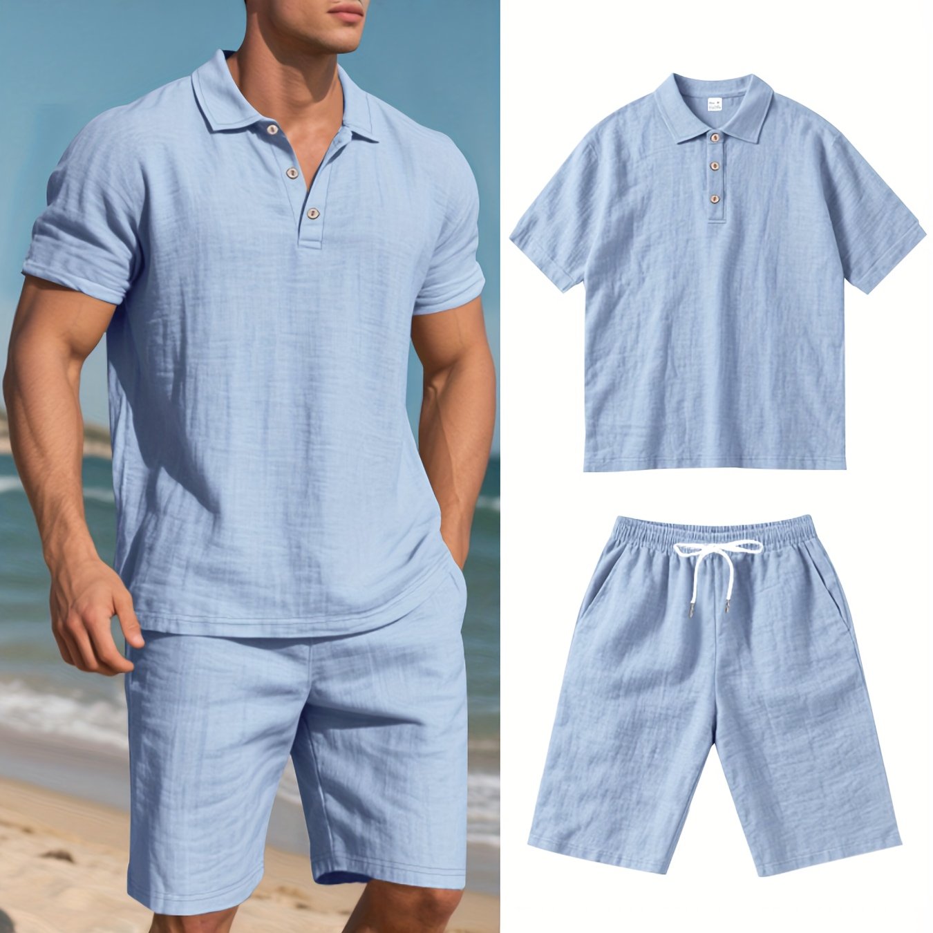 LinoVero Herren Set – Leinen Poloshirt mit Shorts für den Sommer