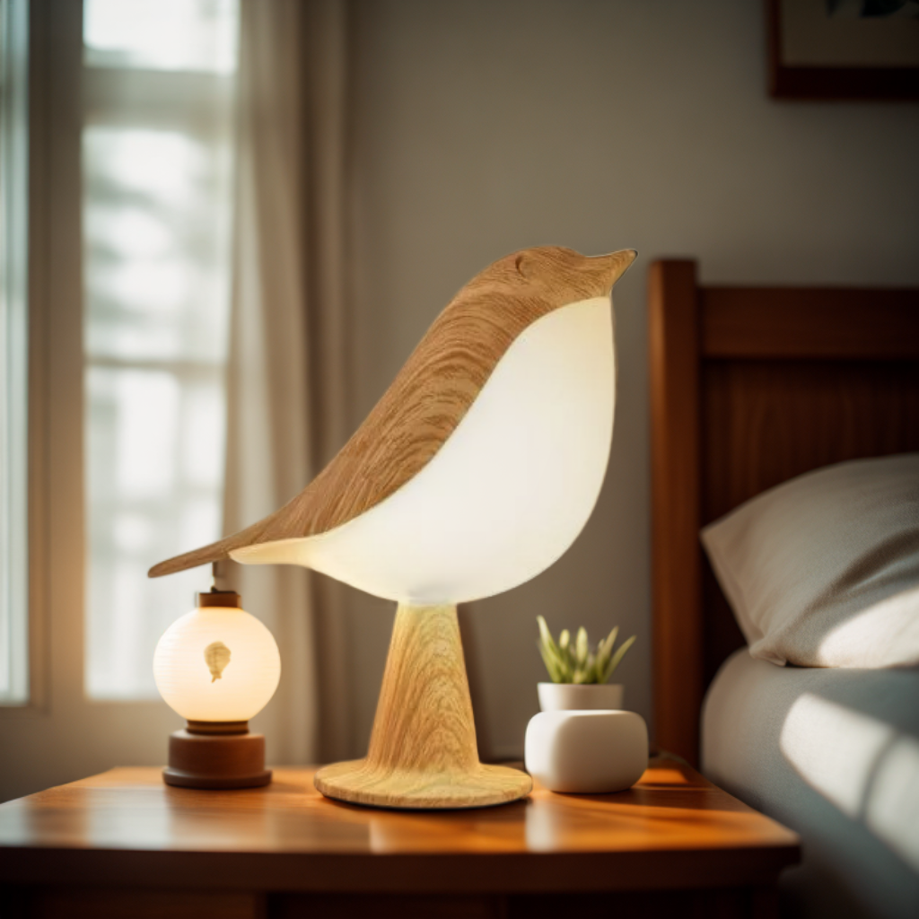 NestGlow fuglenatlampe med touchstyring og USB-opladning