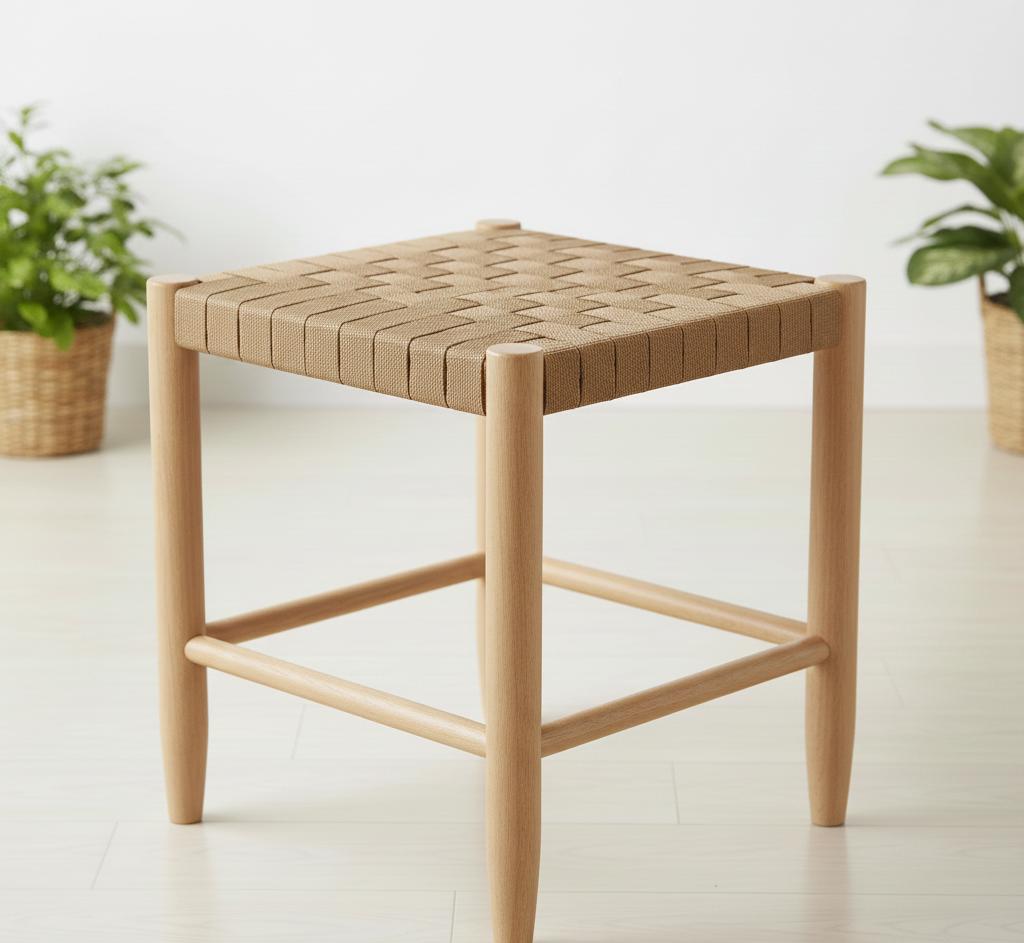 Hocker mit Geflochtener Sitzfläche und Rundbeinen