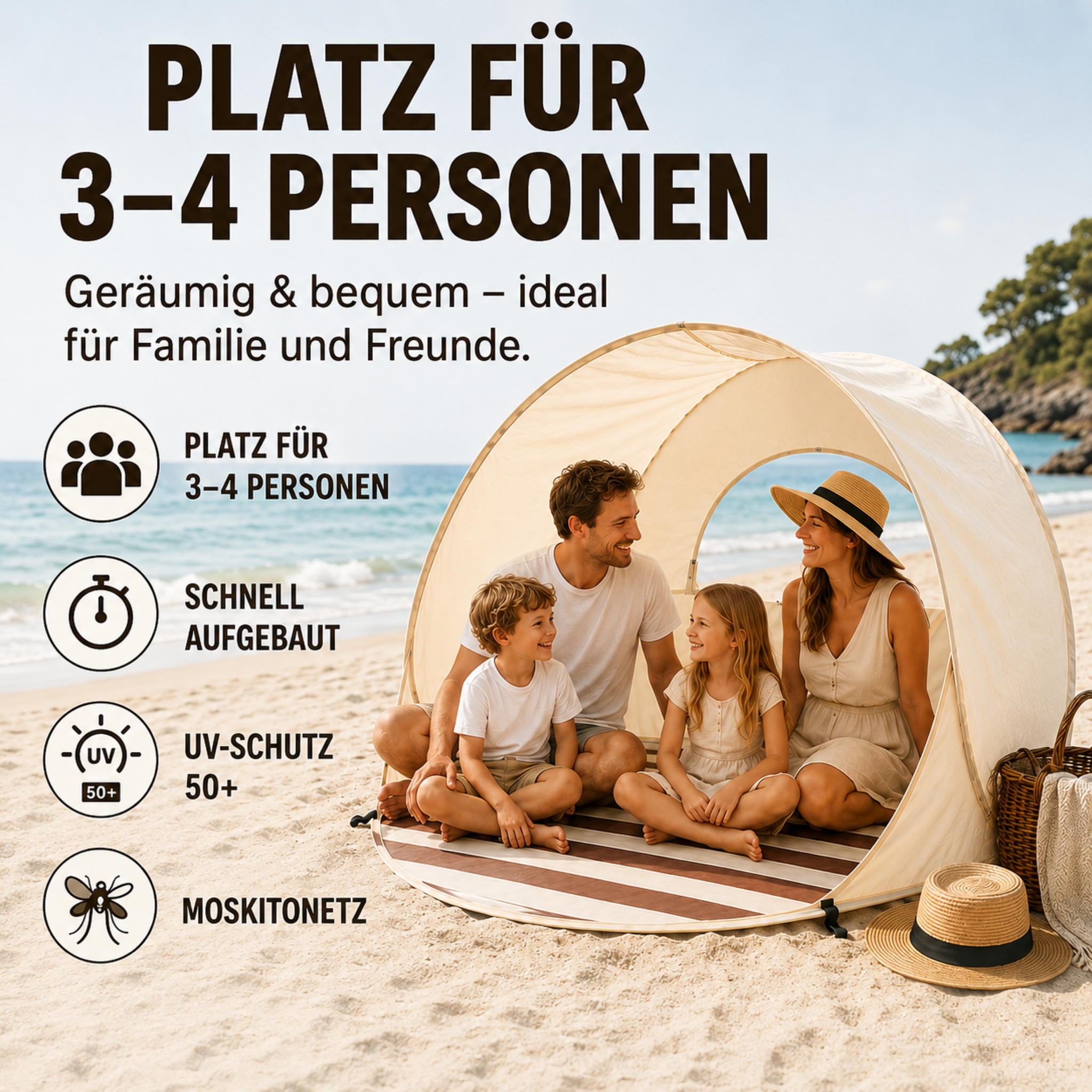 Sonnennest PopUp-Strandmuschel dla 3–4 osób z natychmiastowym montażem