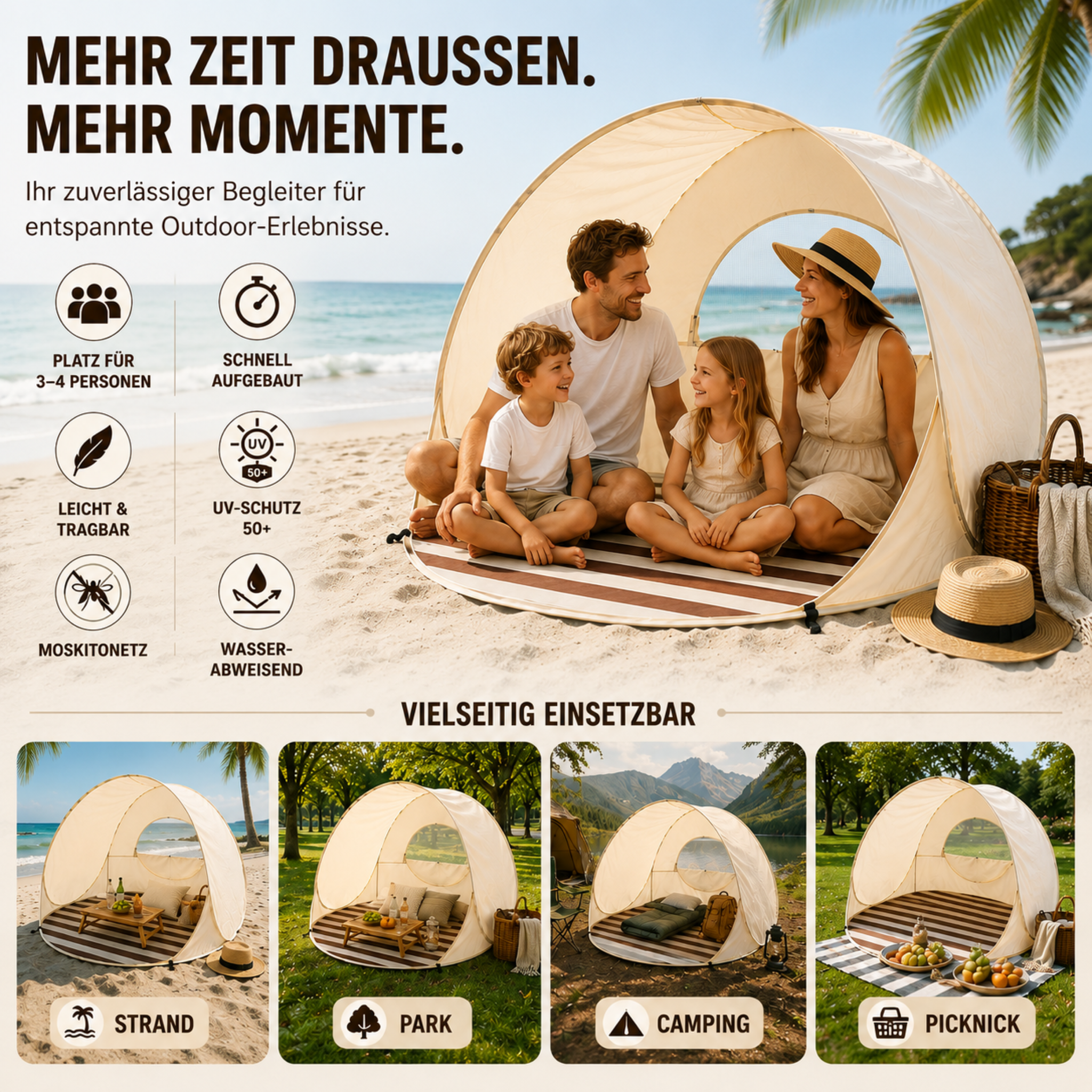 Sonnennest PopUp-Strandmuschel dla 3–4 osób z natychmiastowym montażem
