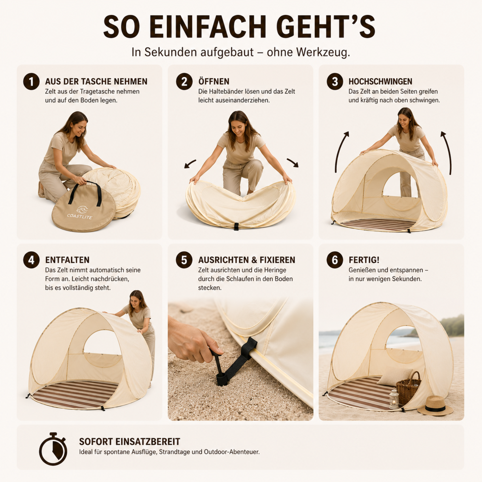 Sonnennest PopUp-Strandmuschel dla 3–4 osób z natychmiastowym montażem