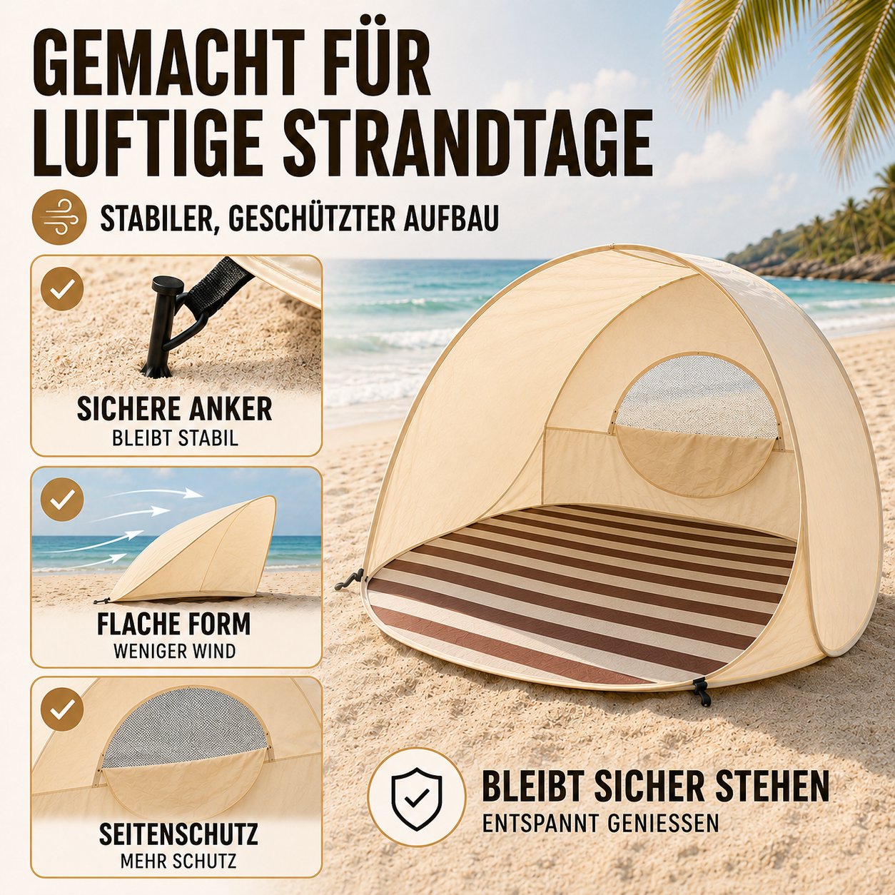 Sonnennest PopUp-Strandmuschel dla 3–4 osób z natychmiastowym montażem