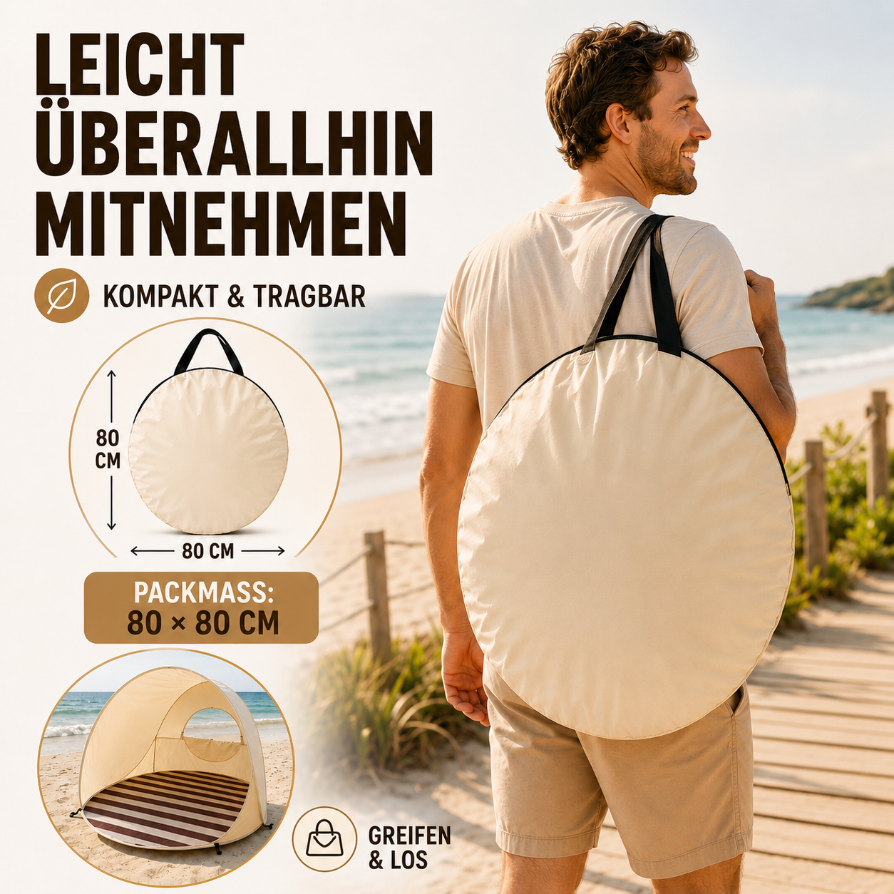 Sonnennest PopUp-Strandmuschel dla 3–4 osób z natychmiastowym montażem