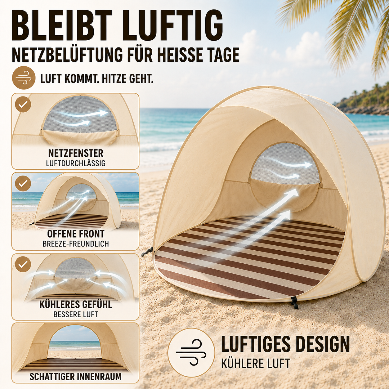 Sonnennest PopUp-Strandmuschel dla 3–4 osób z natychmiastowym montażem
