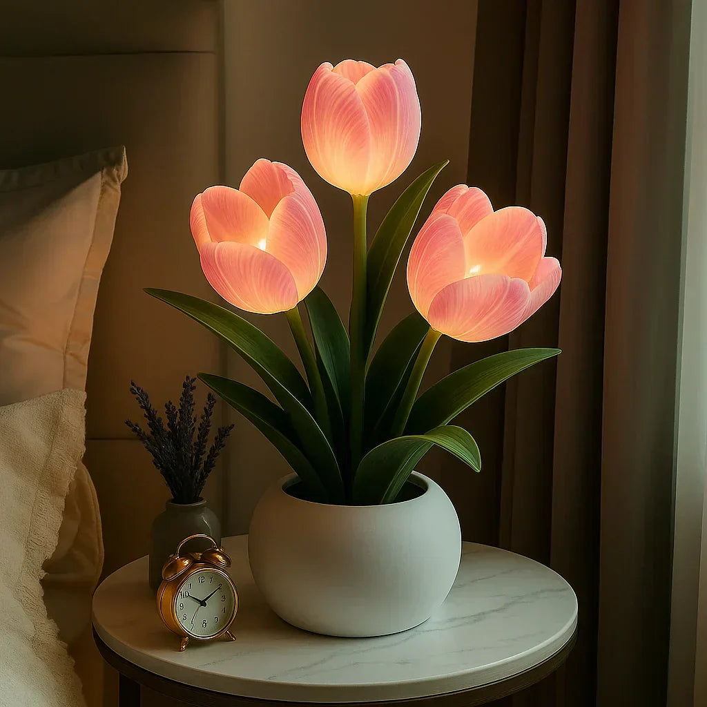 TulpenGlanz LED Tischlampe Dekorative Blumenleuchte mit USB