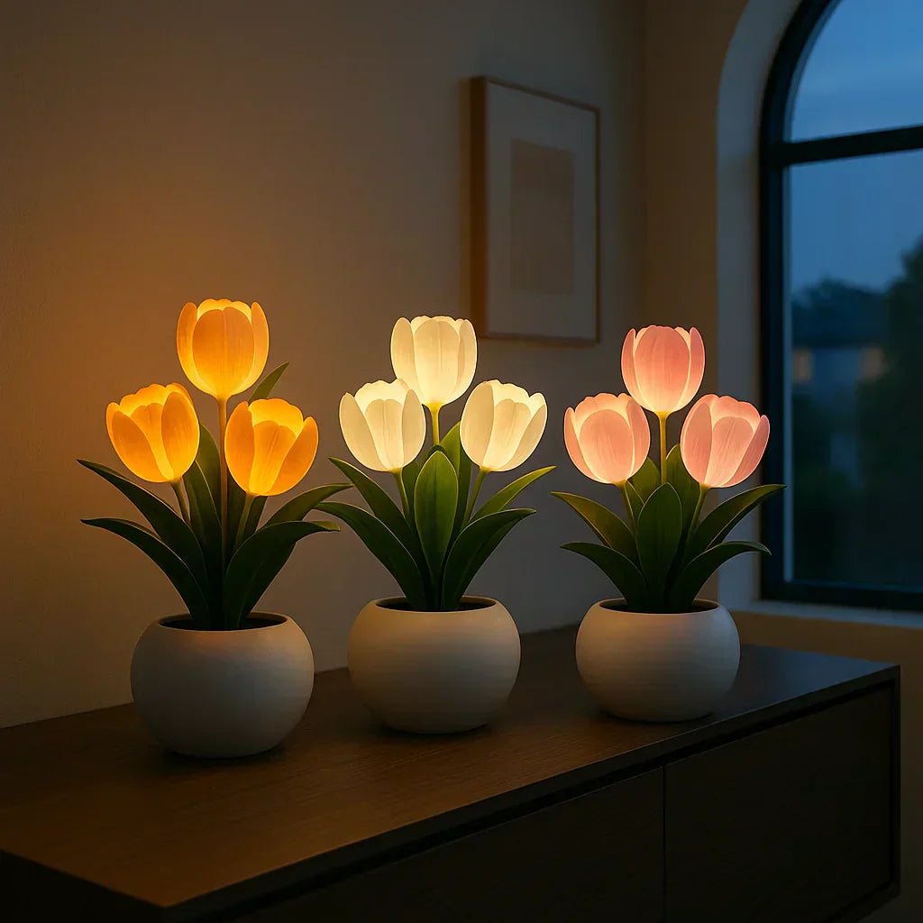 TulpenGlanz LED Tischlampe Dekorative Blumenleuchte mit USB