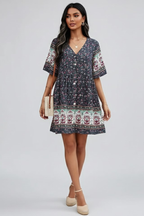 Floravie dames boho midikjole med blomsterprint og V-udskæring