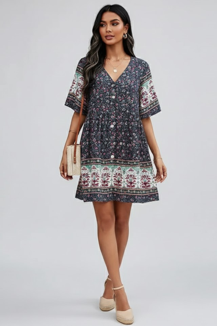 Floravie dames boho midikjole med blomsterprint og V-udskæring