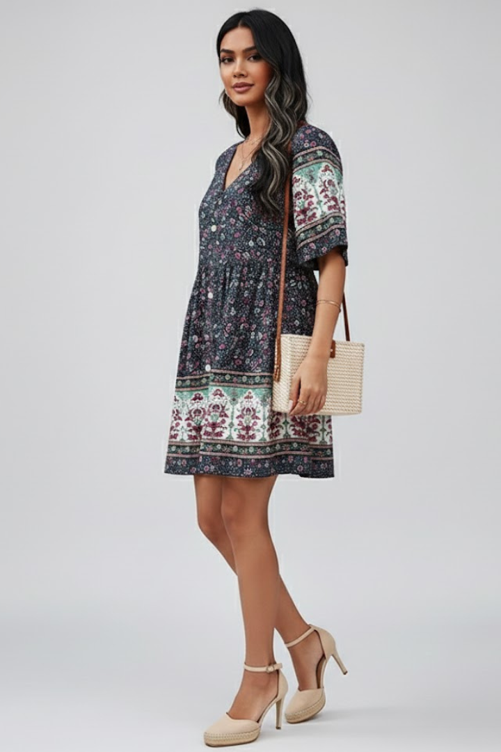 Floravie dames boho midikjole med blomsterprint og V-udskæring