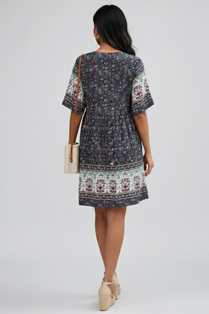 Floravie dames boho midikjole med blomsterprint og V-udskæring