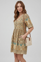 Floravie dames boho midikjole med blomsterprint og V-udskæring