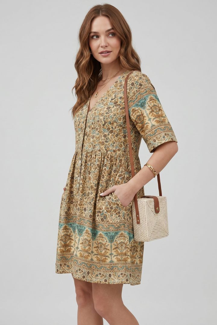 Floravie dames boho midikjole med blomsterprint og V-udskæring