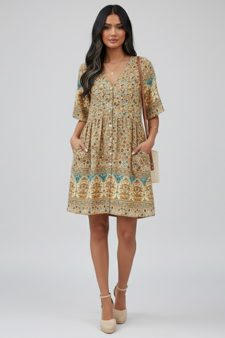 Floravie dames boho midikjole med blomsterprint og V-udskæring