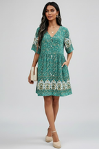 Floravie dames boho midikjole med blomsterprint og V-udskæring