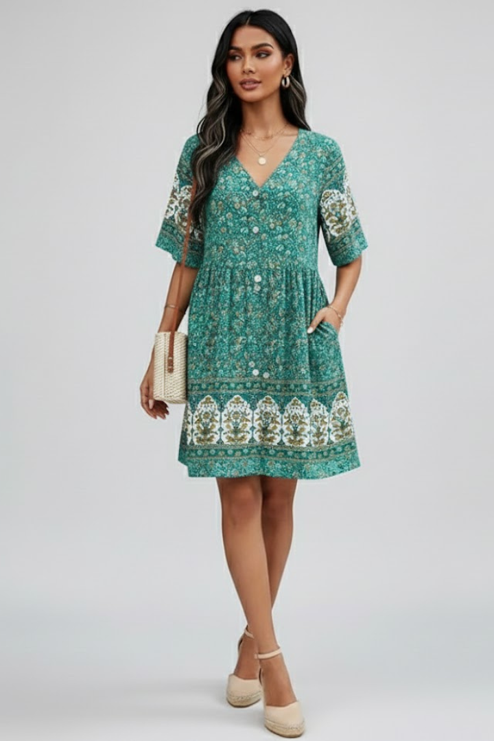 Floravie dames boho midikjole med blomsterprint og V-udskæring