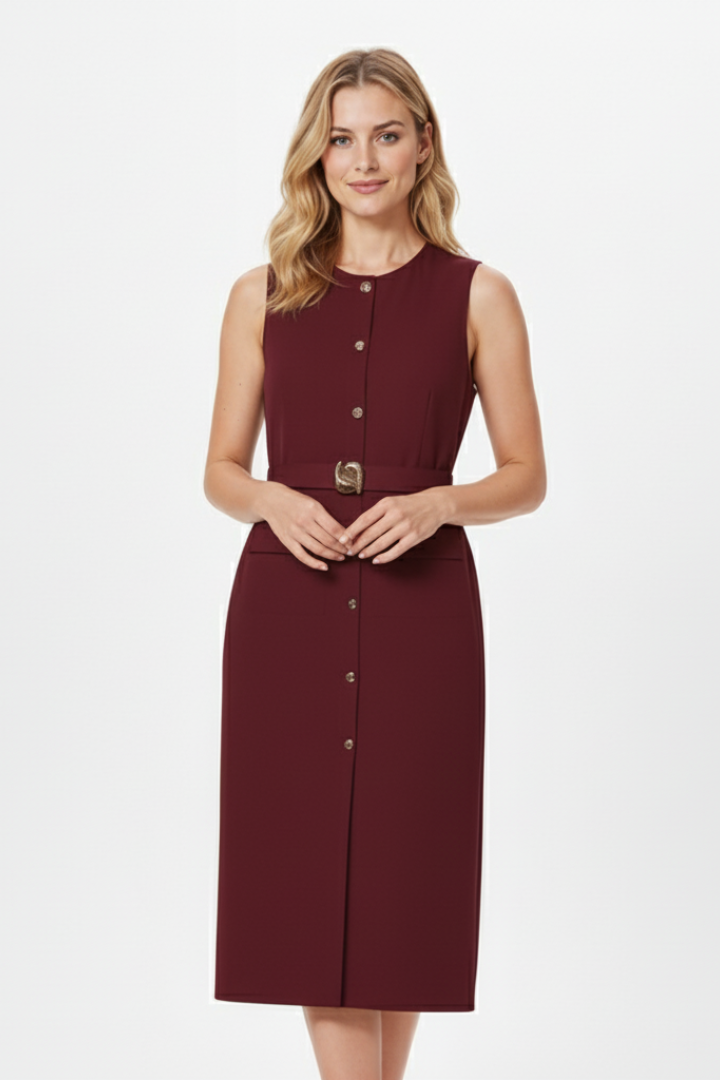 Livessa Damen Midi-Hemdkleid Ärmellos mit Taillengürtel Elegant