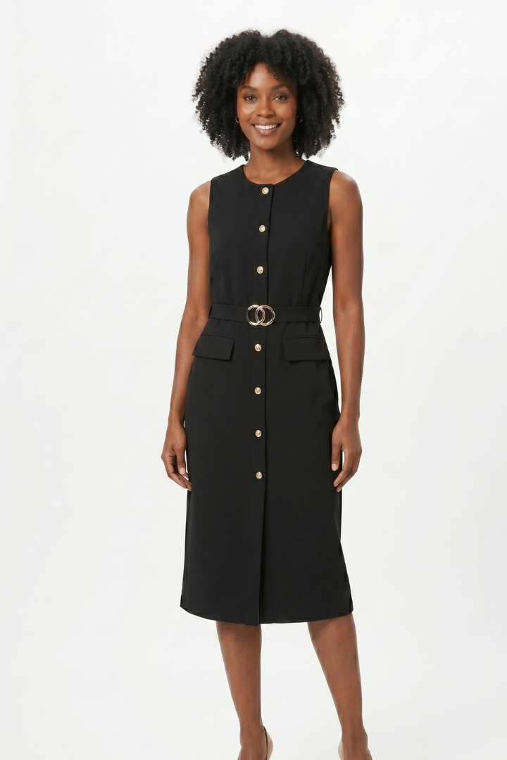 Livessa Damen Midi-Hemdkleid Ärmellos mit Taillengürtel Elegant