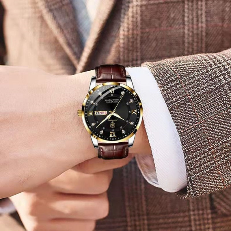 ChronoVero herre armbåndsur med læderrem og selvlysende visere