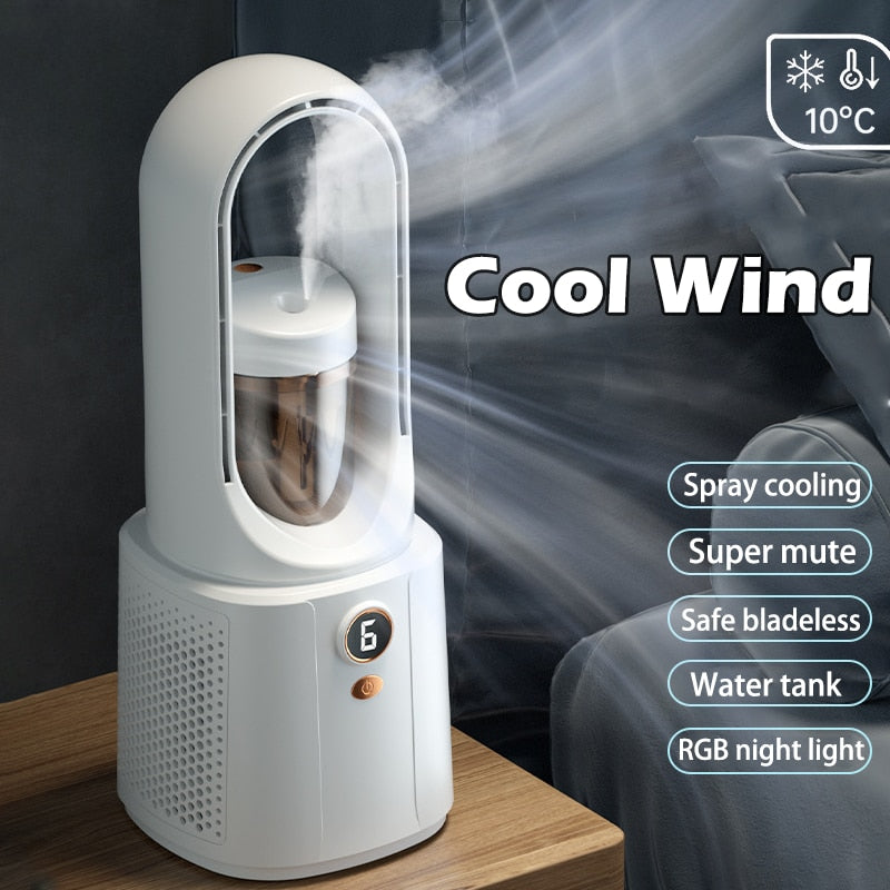 AirGlow PureFlow wentylator bezłopatkowy z nawilżaczem powietrza i lampką nocną  