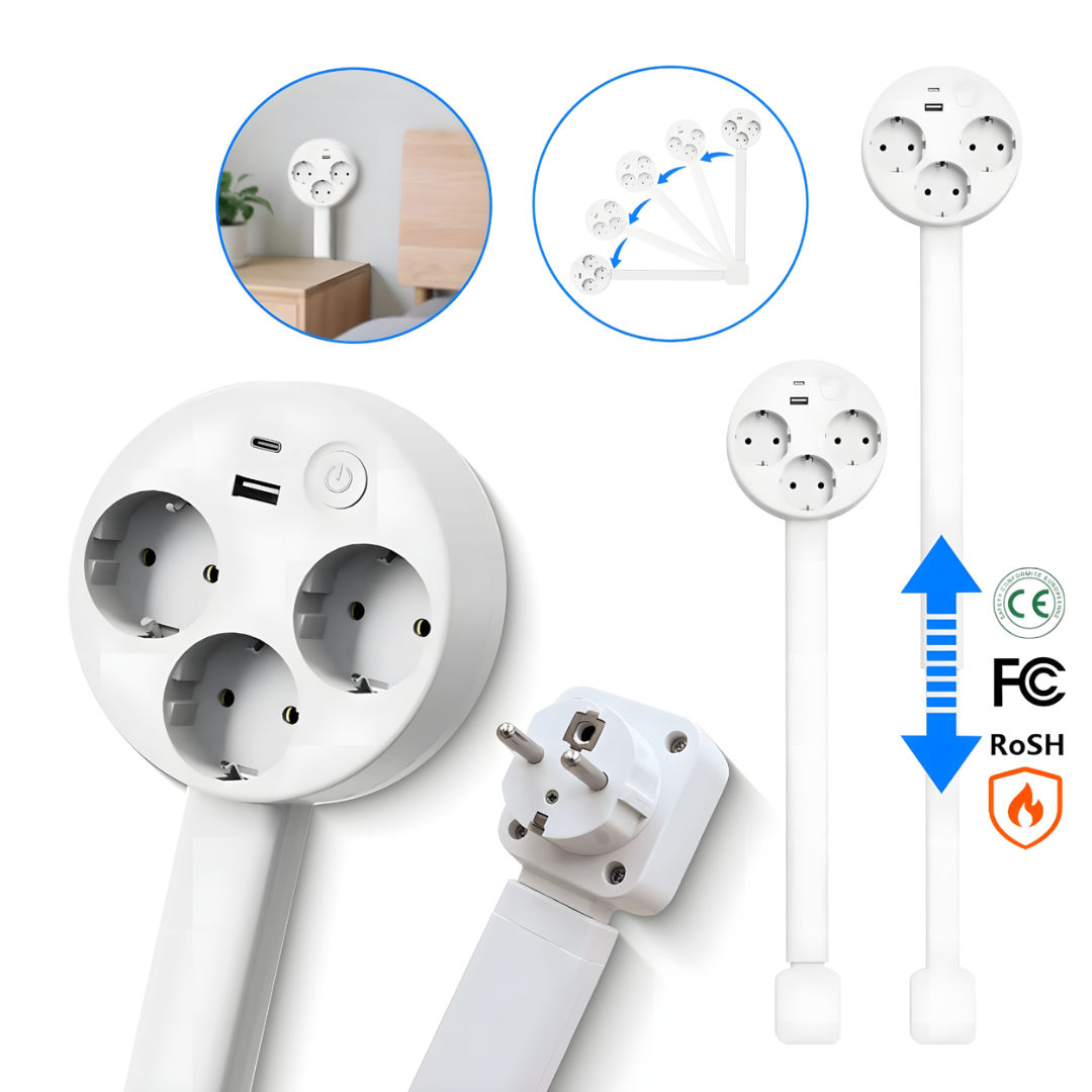 Przedłużacz z wysuwanymi gniazdami z portami USB i gniazdami EU
