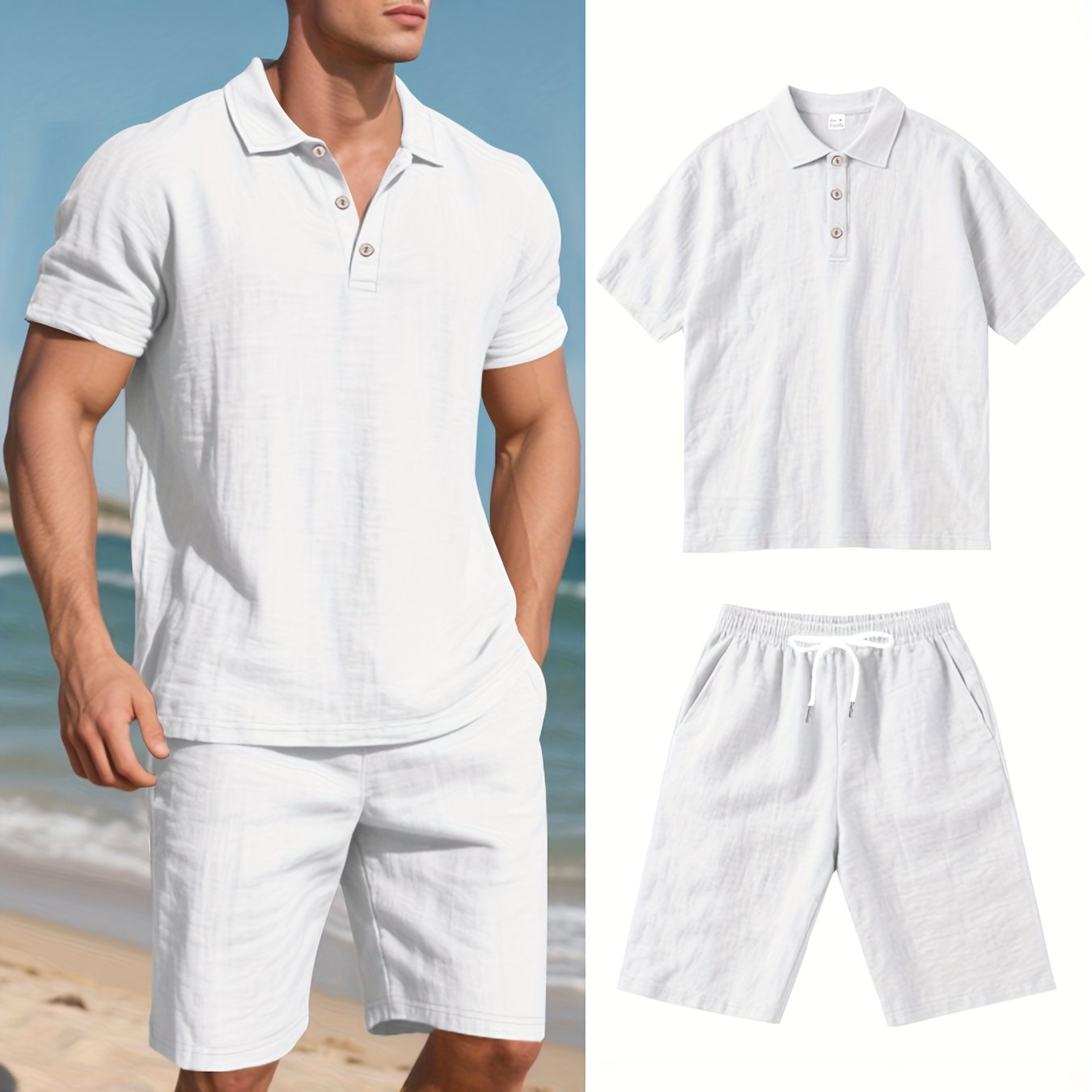 LinoVero Herren Set – Leinen Poloshirt mit Shorts für den Sommer