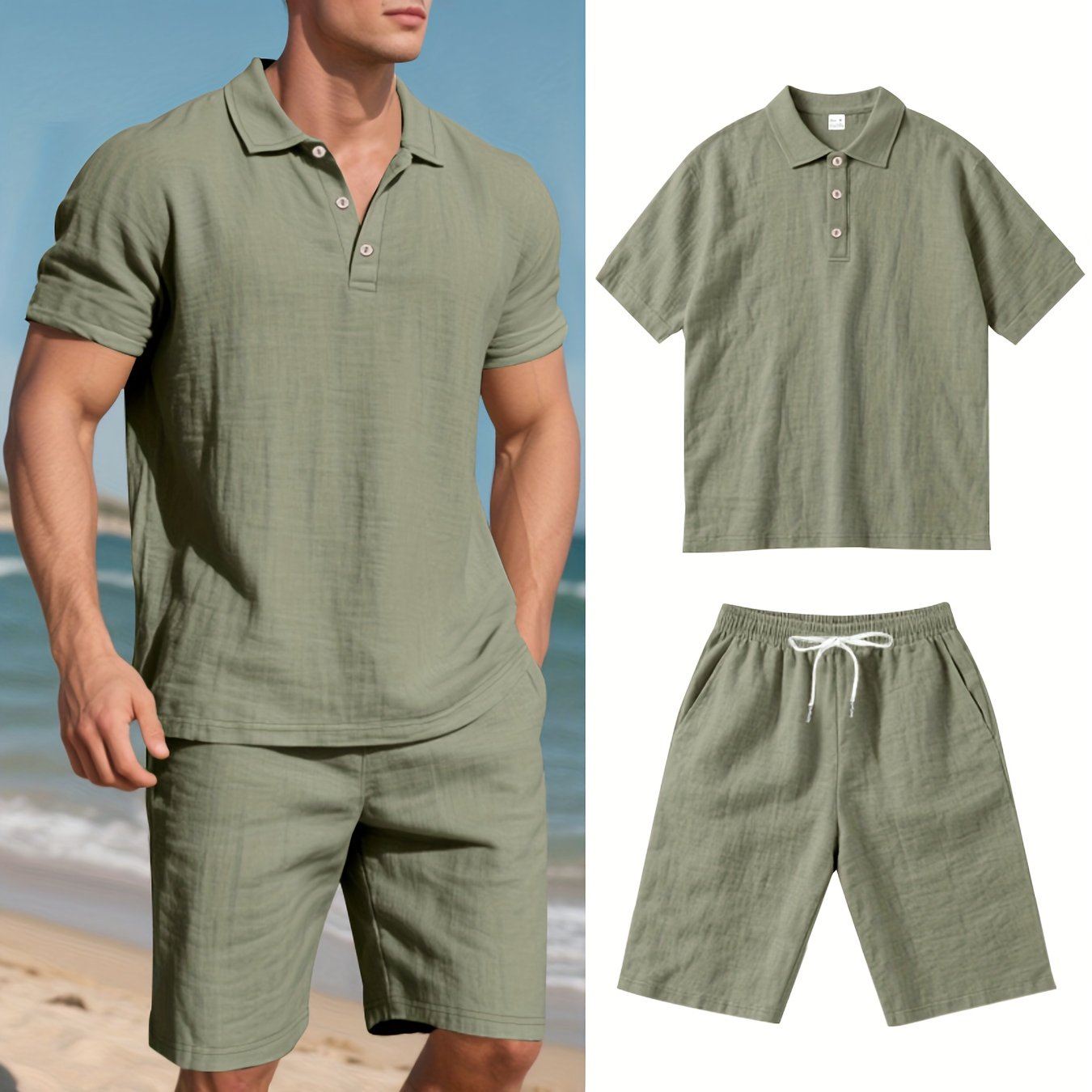 LinoVero Herren Set – Leinen Poloshirt mit Shorts für den Sommer