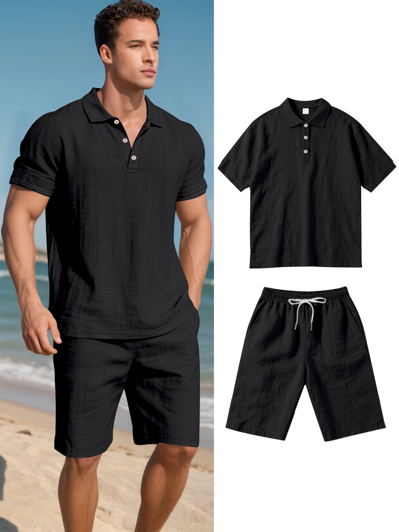 LinoVero Herren Set – Leinen Poloshirt mit Shorts für den Sommer